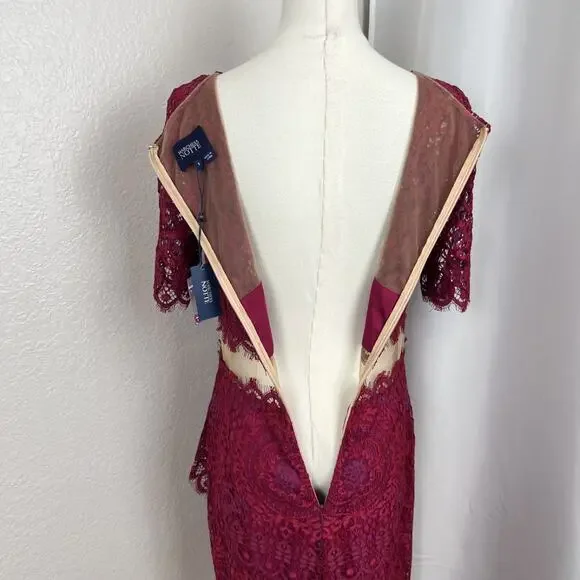 Marchesa Notte Dress Womens 6 Magenta Lace Midriff Cocktail Wedding Guest Glam